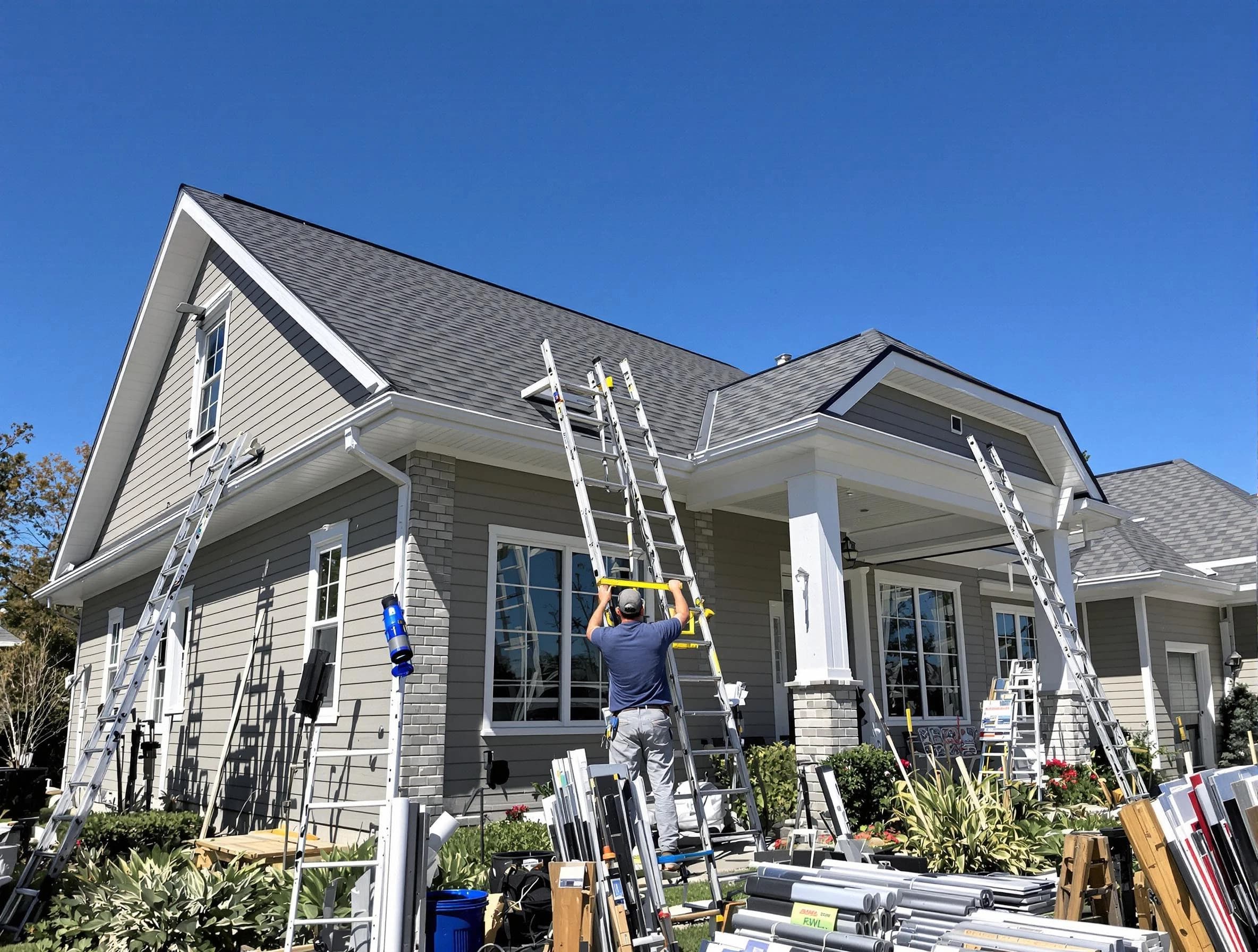 Brecksville Roofing Company fitting rain gutters at a home in Brecksville, OH