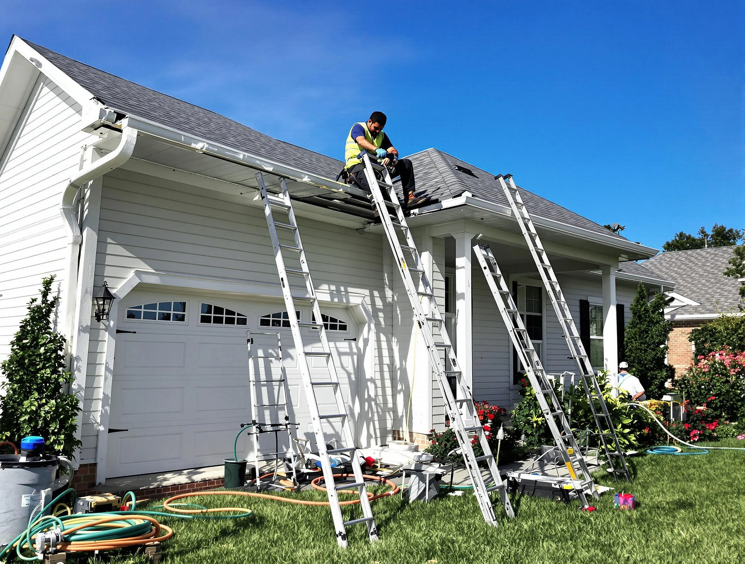 Removal of old gutters by Brecksville Roofing Company to install new system in Brecksville, OH
